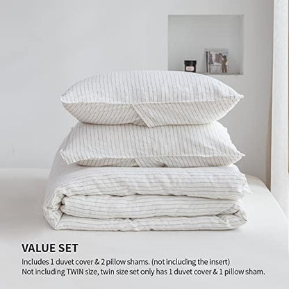 Simple&Opulence 100% Linen Striped Duvet Cover Queen 3pcs, Yarn Dyed Vertical Pinstripe Ticking Pattern Natural French Washed Flax Breathable Farmhouse Bedding - Grey Stripe