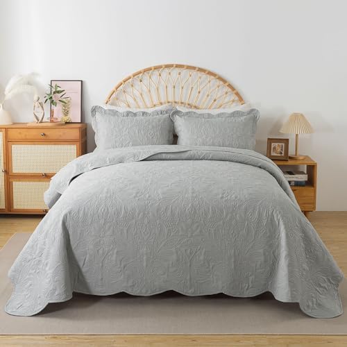 HoneiLife Quilt Set Queen Size - 3 Piece Queen Quilt Bedding Set Microfiber Quilt Sets Lightweight Bedspreads Reversible Coverlets Retro Bed Cover Floral Bedding Set All Season Quilts-Light Grey