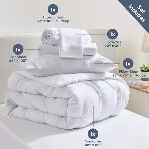 Nestl 7 Piece Twin XL Comforter Set – White Pinch Pleated Bed in a Bag – Complete Twin XL Size Bedding Set with Sheets, Set of 2 Cooling Pillows, Pillowcase and Sham