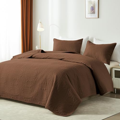 akkialla Twin Quilt Bedding Set,Brown Ultrasonic Quilt Set,Lightweight Soft Bedspread Coverlet,Modern Style Coin Pattern Bed Cover for All Seasons,2 Piece(1 Quilt,1 Pillow Sham)