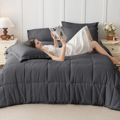 JOLLYVOGUE King Comforter Set, Ultra-Soft Bed in a Bag King Size 7 Pieces, Oeko-TEX Certified Bedding Set with Down Alternative Comforter, Sheets, Pillowcases & Shams, Dark Grey