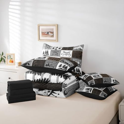 Erosebridal Happy Camping Twin Comforter Set 7 Piece,Rv Camper Bed in A Bag for Boys Adults Men,Camper Decor Bedding for Travel Trailers Bunk,Rustic Farmhouse Buffalo Plaid Bed Set Brown Grey