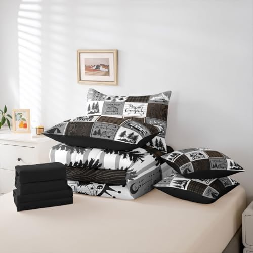 Erosebridal Happy Camping Queen Comforter Set 7 Piece,Rv Camper Bed in A Bag for Boys Adults Men,Camper Decor Bedding for Travel Trailers Bunk,Rustic Farmhouse Buffalo Plaid Bed Set Brown Grey