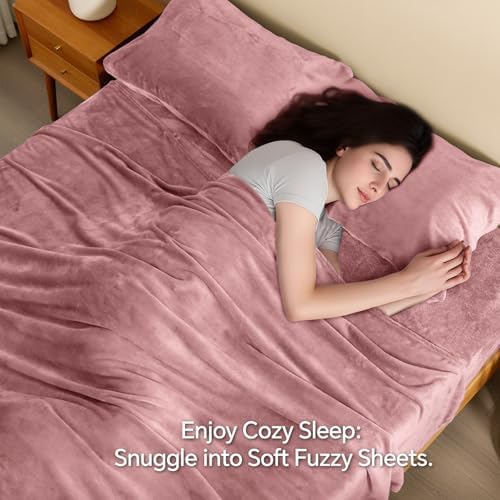 BEDELITE Flannel Sheets Queen Size, Dusty Pink, 4 Pieces