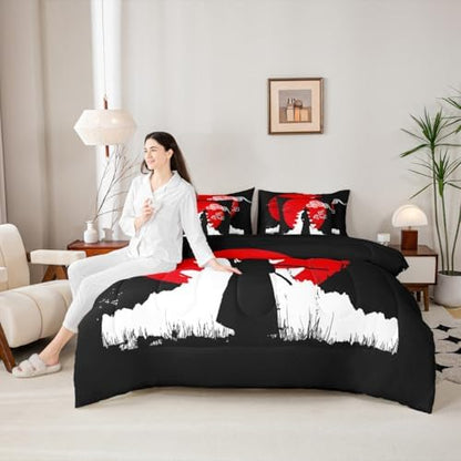 Erosebridal Samurai Comforter Set Sunset Print Bed in A Bag Twin Size 7 Pieces Japanese Ukiyoe Bed Set Room Decor Building Silhouette Bedding with Sheets