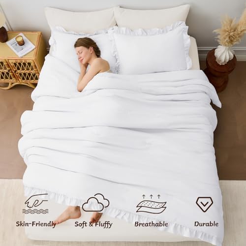FUANNA Full Size Comforter Sets, Ruffle Bedding Set, 3 Piece Bed Set, White