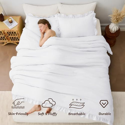 FUANNA King Size Comforter Set, Ruffle Bedding Set, 3 Pieces Bed Set, White
