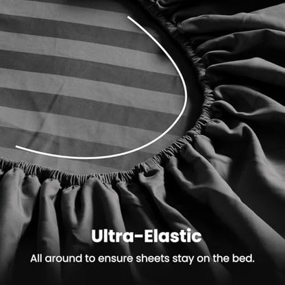 SLEEP ZONE Striped Cooling Twin Sheets Set for Kids - Fitted Flat Sheet & Pillowcase Sets 3 Piece - Super Soft Stripe Bed Sheet, Easy Care, Deep Pocket (Black, Twin)