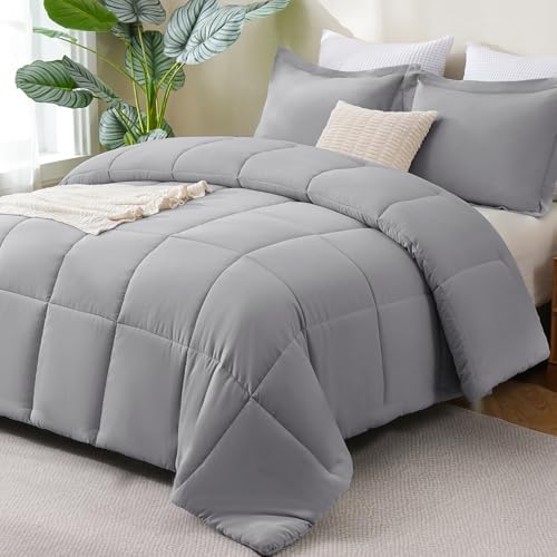 CozyLux Queen Size Comforter Set, 3-Piece Box-Stitched, Grey