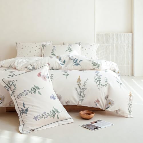 Queen Comforter Set 3 Pieces, 100% Cotton Botanical Flower Floral Bedding Set for All-Season, Soft Breathable Comforter with 2 Pillow Shams