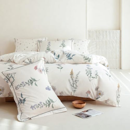 Queen Comforter Set 3 Pieces, 100% Cotton Botanical Flower Floral Bedding Set for All-Season, Soft Breathable Comforter with 2 Pillow Shams