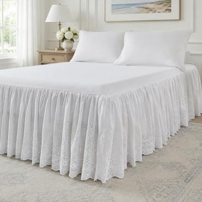 Brandream White Eyelet Bed Skirt Queen Size Cotton 18'' Drop Split Corners