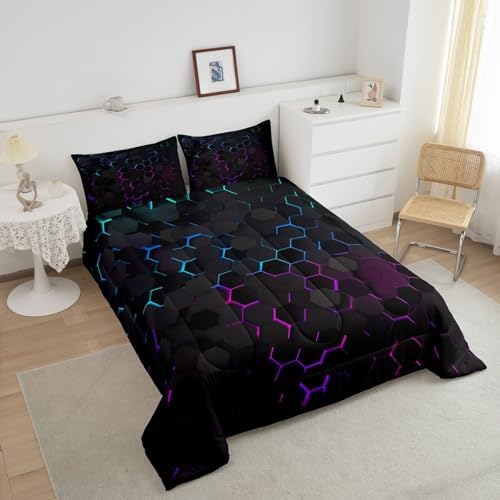 Manfei Honeycomb Comforter Set Twin Size Geometric Hexagon Print Quilt Set Colorful Neon Lights Bedding Comforters 2pcs for Kids Boys Girls Room Decor, Modern Geometric Duvet Set with 1 Pillowcase