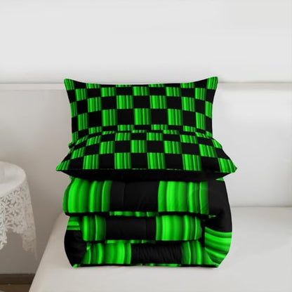 Feelyou Checkered Comforter Set All Season Abstract Ombre Bedding Set with 1 Pillow Cases Modern Geometric Green Black Kids Twin Bedclothes Cute Neutral Aesthetic Plaid Bedroom Decor Duvet Quilt