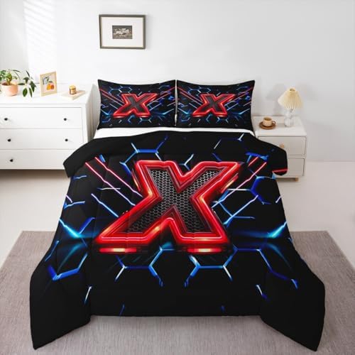 Manfei Geometric Honeycomb Kids Comforter Set Twin Size,Blue Neon Hexagon Abstract Bedding Set for Boys Girls Man Room Decor,Light Gaming Fashion Down Comforter,Red Black Duvet Insert,1 Pillowcase