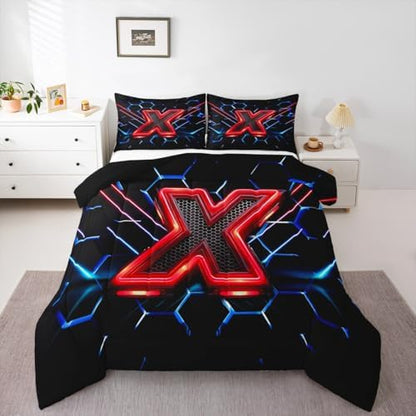 Manfei Geometric Honeycomb Kids Comforter Set Twin Size,Blue Neon Hexagon Abstract Bedding Set for Boys Girls Man Room Decor,Light Gaming Fashion Down Comforter,Red Black Duvet Insert,1 Pillowcase