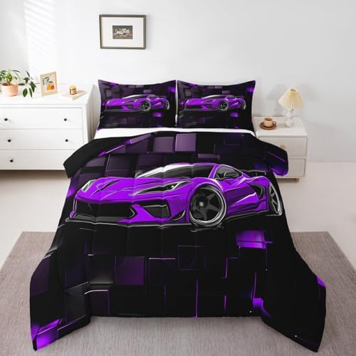 Erosebridal Kids Race Car Bedding Set Twin Size Purple Racing Car Comforter Set for Boys 2 Pieces Extreme Sports Theme Bedding Comforter Sets Abstract Plaid Grid Down Comforter Teens Bedroom Decor