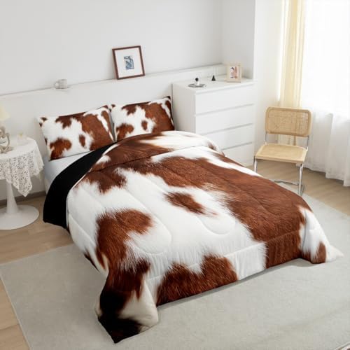 Erosebridal Cowhide Bedding Sets Western Farm Animal Comforter Set Full,Brown White Cow Print Bedding Comforter Set for Kids Boys Girls Teens,Rustic Farmhouse Cow Fur Quilt Duvet Set 2 Pillow Cases