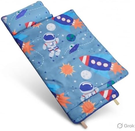 EVERYDAY KIDS Nap Mat w/Removable Pillow -Outer Space Adventures- Carry Handle with Straps Closure, Rollup Design, Soft Microfiber for Preschool, Daycare, Travel Sleeping Bag - Ages 3-6 Years