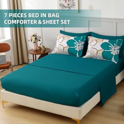 Anibedding 7Pieces Teal Grey Floral Comforter Set Queen Size, Soft Microfiber Grey Blue Bed in a Bag Comforter Set with Sheets for All Season