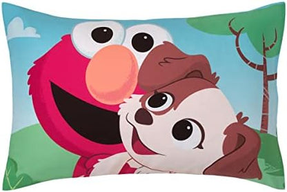 Sesame Street Furry Friends Blue, Green and Red Elmo and Puppy 4 Piece Toddler Bed Set - Comforter, Fitted Bottom Sheet, Flat Top Sheet and Reversible Pillowcase