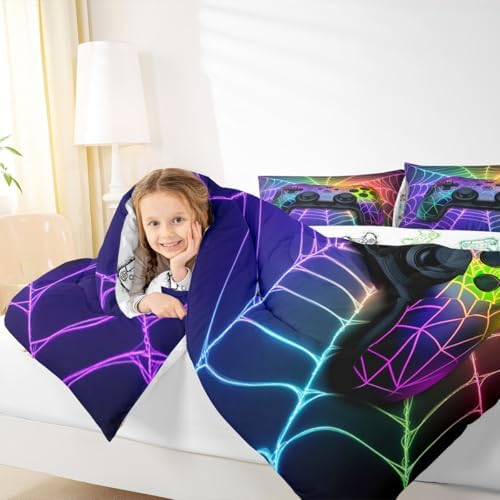 Erosebridal Gaming Comforter Sets for Boys Rainbow Spider Web Toddler Bedding Sets for Boys,Game Consoles Kids Comforter Set Gothic Cobweb Sports Bedding Sets Gamer Decor for Boy Bedroom Decor