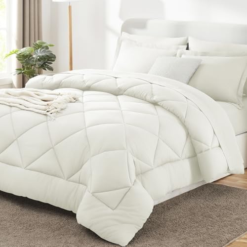 CozyLux Queen Comforter Set 88"x88" Ivory - 7 Piece Bed in a Bag