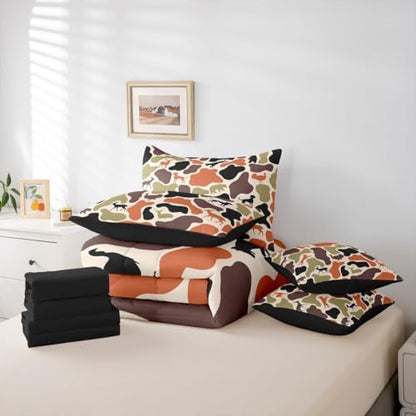 Erosebridal Camouflage 7 Piece Bedding Set Queen Hound Wolf Comforter Set with Sheets Army Woods Orange Farmhouse Bed in a Bag Bear Turkey Deer Theme Camo for Kids Boys Girls