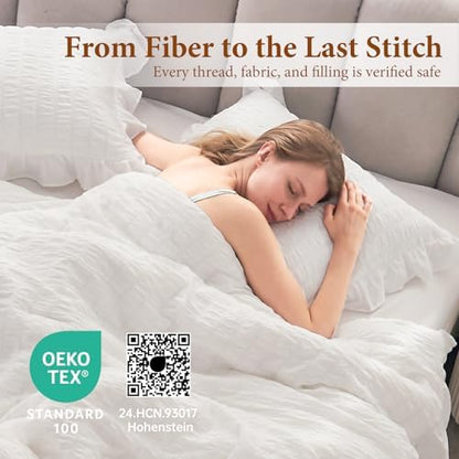 JOLLYVOGUE Oversized Queen Comforter Set, 3 Pieces White Seersucker Comforters, Lightweight & Fluffy Bedding Sets for All Season with 1 Ruffle Comforter and 2 Ruffle Pillowshams