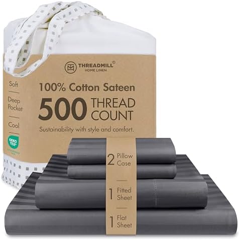 Threadmill 500TC Cotton Full Sheet Set, Sateen, Damask Stripe, Dark Grey