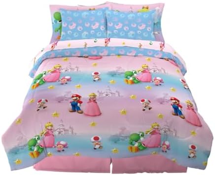 Super Mario Girl Princess Peach Girl Gamer Kids Bedding Super Soft & Cozy Reversible Microfiber Comforter and Sheet Set with Sham, 7 Piece Full Size, (Officially Licensed Product) By Franco