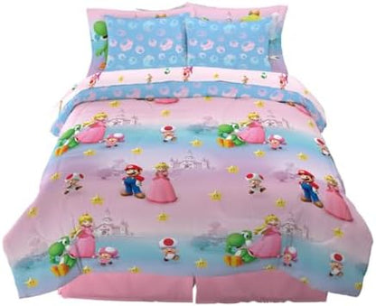 Super Mario Girl Princess Peach Girl Gamer Kids Bedding Super Soft & Cozy Reversible Microfiber Comforter and Sheet Set with Sham, 7 Piece Full Size, (Officially Licensed Product) By Franco