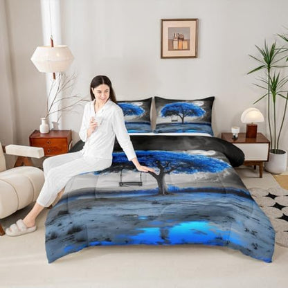 Manfei Tree Artwork of Life Kids Comforter Set Full Size,Cloud Botanical Nature Bedding Set,Girls Boys Room Decor,Modern Abstract Art Quilt Comforter,Blue Fashion Simple Duvet Insert,2 Pillowcases