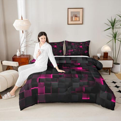 Erosebridal Black Hot Pink Comforter Set Full Neon Geometric Checkered Bedding Set for Girls Teen Women Abstract Stereoscopic Grids Quilt Square Plaid Bed Set 3 Pcs Gamer Room Decor