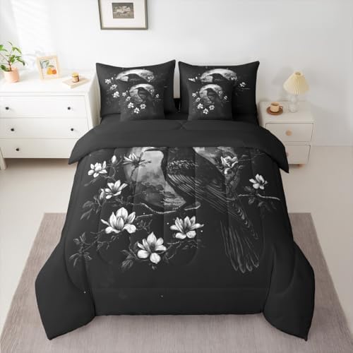 Erosebridal Gothic Raven 7 Piece Bedding Set Queen Halloween Moon Comforter Set with Sheets Vintage Florals Bed in a Bag Mysterious Dark Black Bird Horror Wildlife Bed Sets Comforter