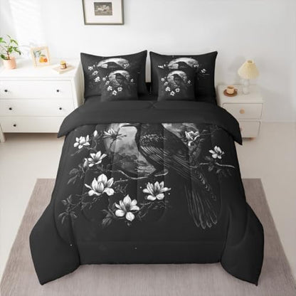 Erosebridal Gothic Raven 7 Piece Bedding Set Queen Halloween Moon Comforter Set with Sheets Vintage Florals Bed in a Bag Mysterious Dark Black Bird Horror Wildlife Bed Sets Comforter