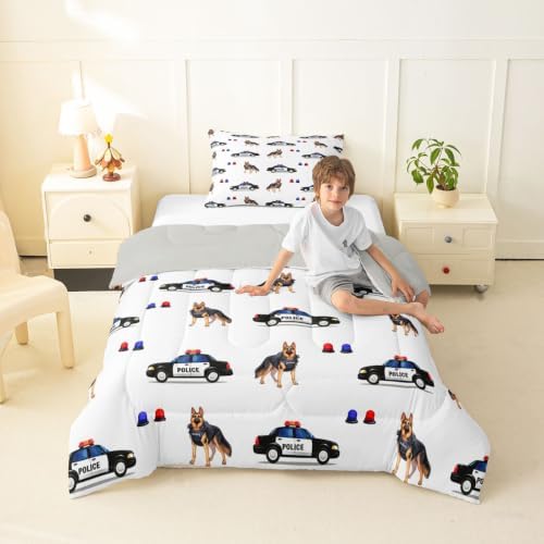Feelyou Police Car Comforter Set Twin Size Dogs Bedding Set for Kids Boys Girls Policeman Vehicle Duvet Quilt Bedroom Decor Microfiber 2 Pcs with 1 Pillow Case