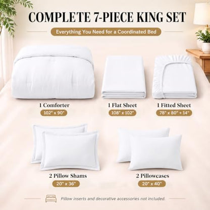 CozyLux King Size Comforter Set White, 7 Pieces Bed in a Bag