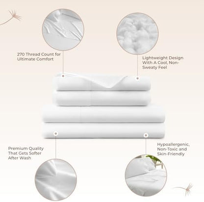 100% Organic Cotton Sheets Cal King - GOTS Certified Cotton Percale Sheets with Crisp Cool & Breathable Percale Weave Perfect for Hot Sleepers - Durable Luxury 4 Piece Set (White, Full)