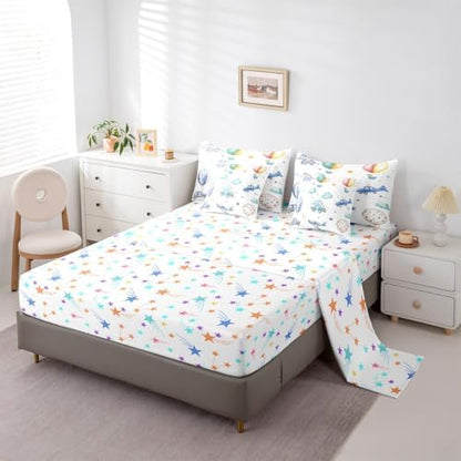 Erosebridal Colorful Hot Air Balloon Queen 7 Pcs Bedding Set, Cute Airplane Aircraft Comforter Set with Sheets for Boys Kids Adults Girls, Cartoon Car Lovely Heart Bed in A Bag, Star Print Bed Sets
