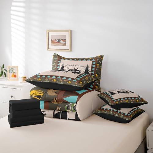 Erosebridal Kids Camping 7 Piece Comforter Set King Bed in a Bag,Camper Bedding Set for Travel Trailers,Rustic Farmhouse Style Bed Sheets,Happy Camping Aztec Tribal Geometric Down Comforter