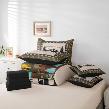 Erosebridal Kids Camping 7 Piece Comforter Set King Bed in a Bag,Camper Bedding Set for Travel Trailers,Rustic Farmhouse Style Bed Sheets,Happy Camping Aztec Tribal Geometric Down Comforter