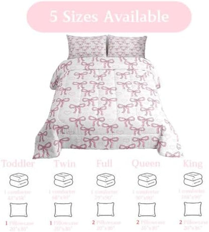 jejeloiu Bowknot Comforter Set Pink Bow Bedding Set Bow-tie Kids Queen