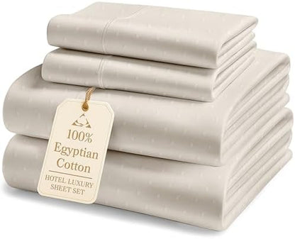 LANE LINEN 100% Egyptian Cotton Sheets Queen Sateen Weave - Ivory Swiss Dot
