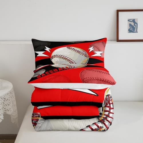 Erosebridal Baseball Twin Bedding Sets for Boys Girls Kids Baseball Comforter Set Bedroom Decor,Sports Comforter Sets for Boys Teen Ball Games Bed Quilt Set 2Pcs,Red Black