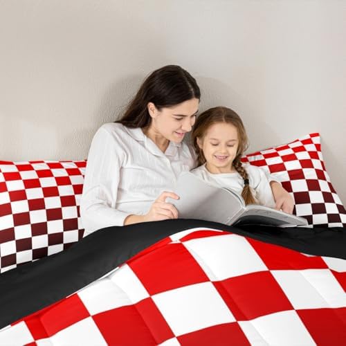 Feelyou Checkered Comforter Set King Size Modern Geometric Gradient Red Bedding Set for Kids Boys Girls Cute Neutral Plaid Duvet Quilt Vintage Aesthetic Bedroom Decor 3 Pcs with 2 Pillow Cases