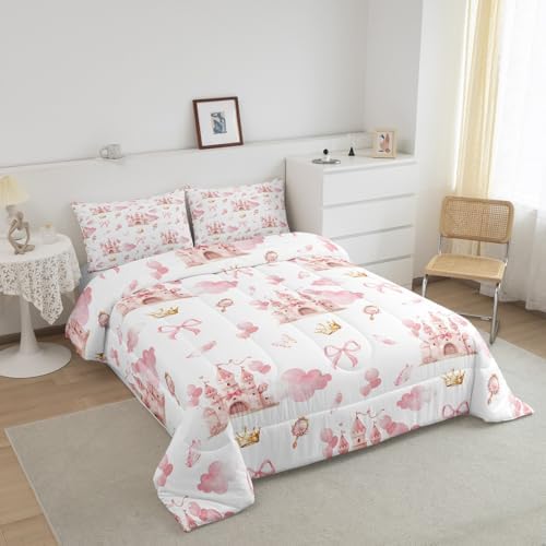 Feelyou Kids Pink Castle Duvet Insert Full Size, Cute Bowknot Comforter Set Boys Girls Girls Dreamy House Bedding Set Fairytale Teens Bedroom Decor Bed Set 3Pcs