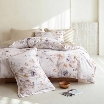 Queen Comforter Set 3 Pieces, 100% Cotton Watercolor Beige Floral Bedding Set for All‑Season, Soft Reversible Comforter with 2 Pillow Shams