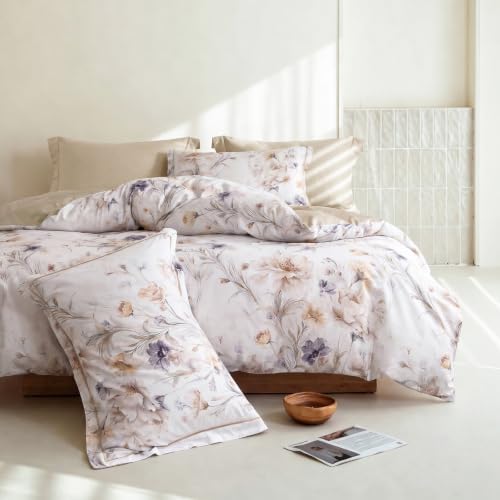 King Comforter Set 3 Pieces, 100% Cotton Watercolor Beige Floral Bedding Set for All‑Season, Soft Breathable Reversible Comforter with 2 Pillow Shams