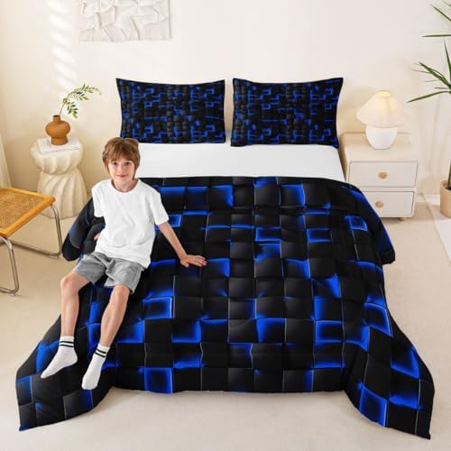 Erosebridal Neon Black Blue Boys Comforter Set Full Size Geometric Checkered Kids Bedding Set Teen Men Gaming Room Decor,Abstract Ombre Plaid Comforter Grids Quilt Duvet